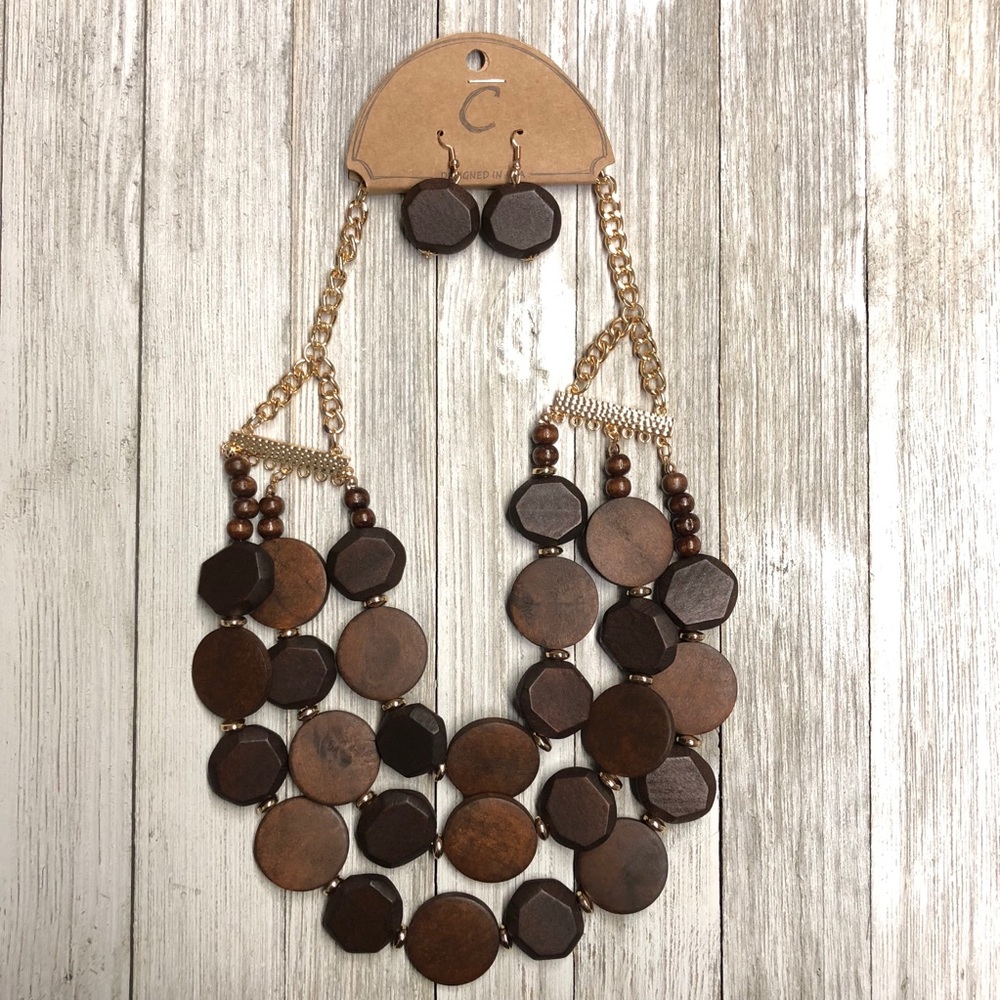 Wooden Bead Necklace and Earrings Set